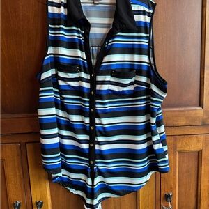 Striped Sleeveless waist-tie Top - Blue and Black